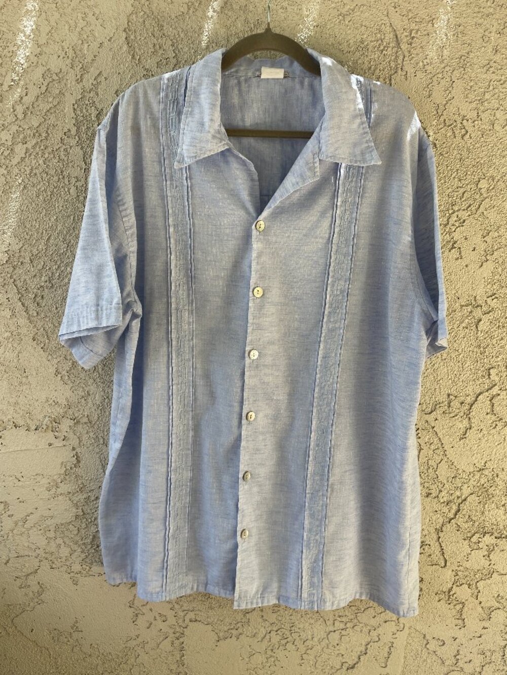 Mens Light Blue 100% Linen 2XL Short Sleeve Mexican Wedding Camp Shirt Guayabera